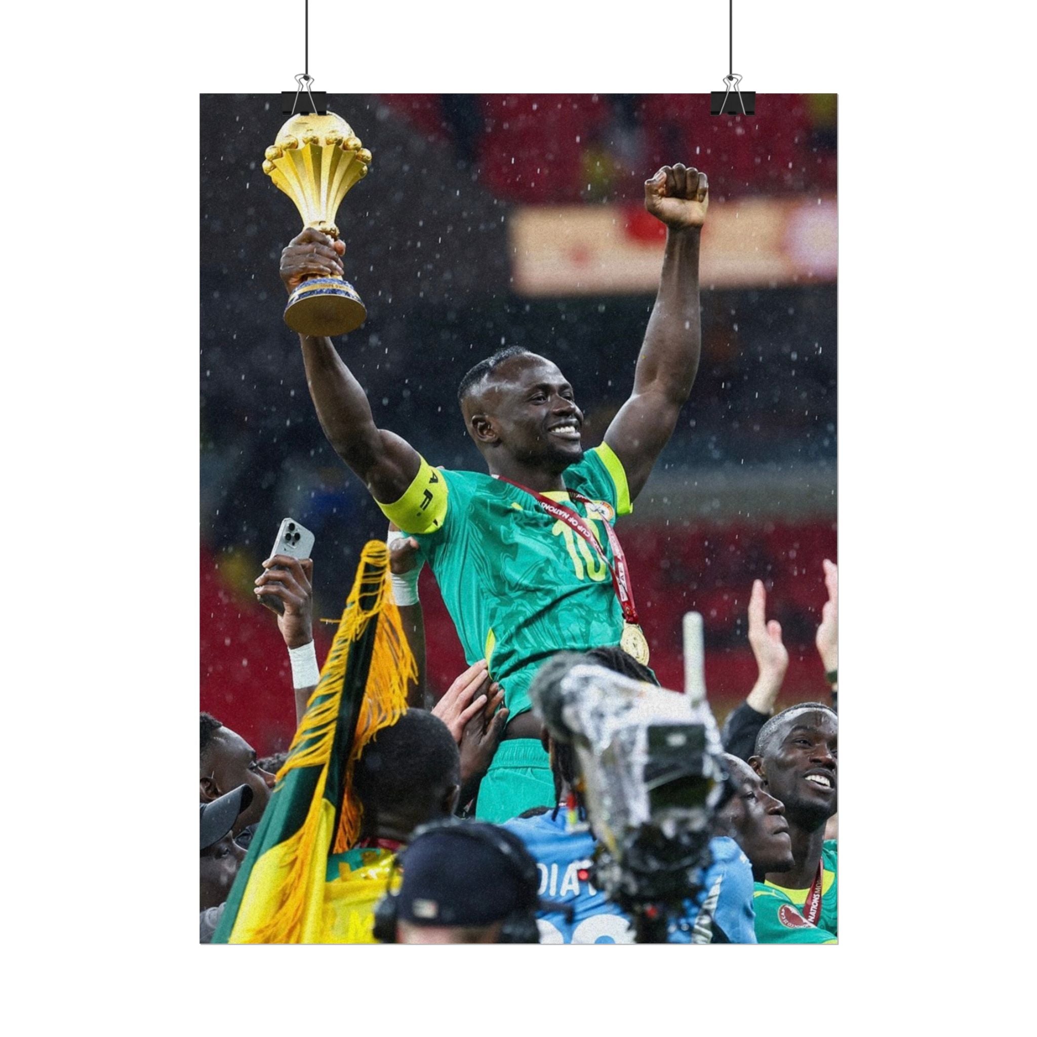 Sadio Mané Senegal AFCON winners Rolled Poster — Soccer Champion Lifting Trophy Celebration Print