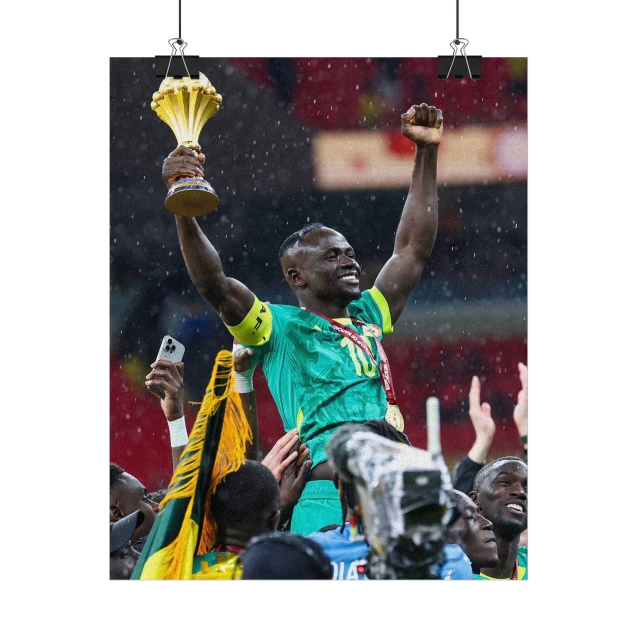 Sadio Mané Senegal AFCON winners Rolled Poster — Soccer Champion Lifting Trophy Celebration Print