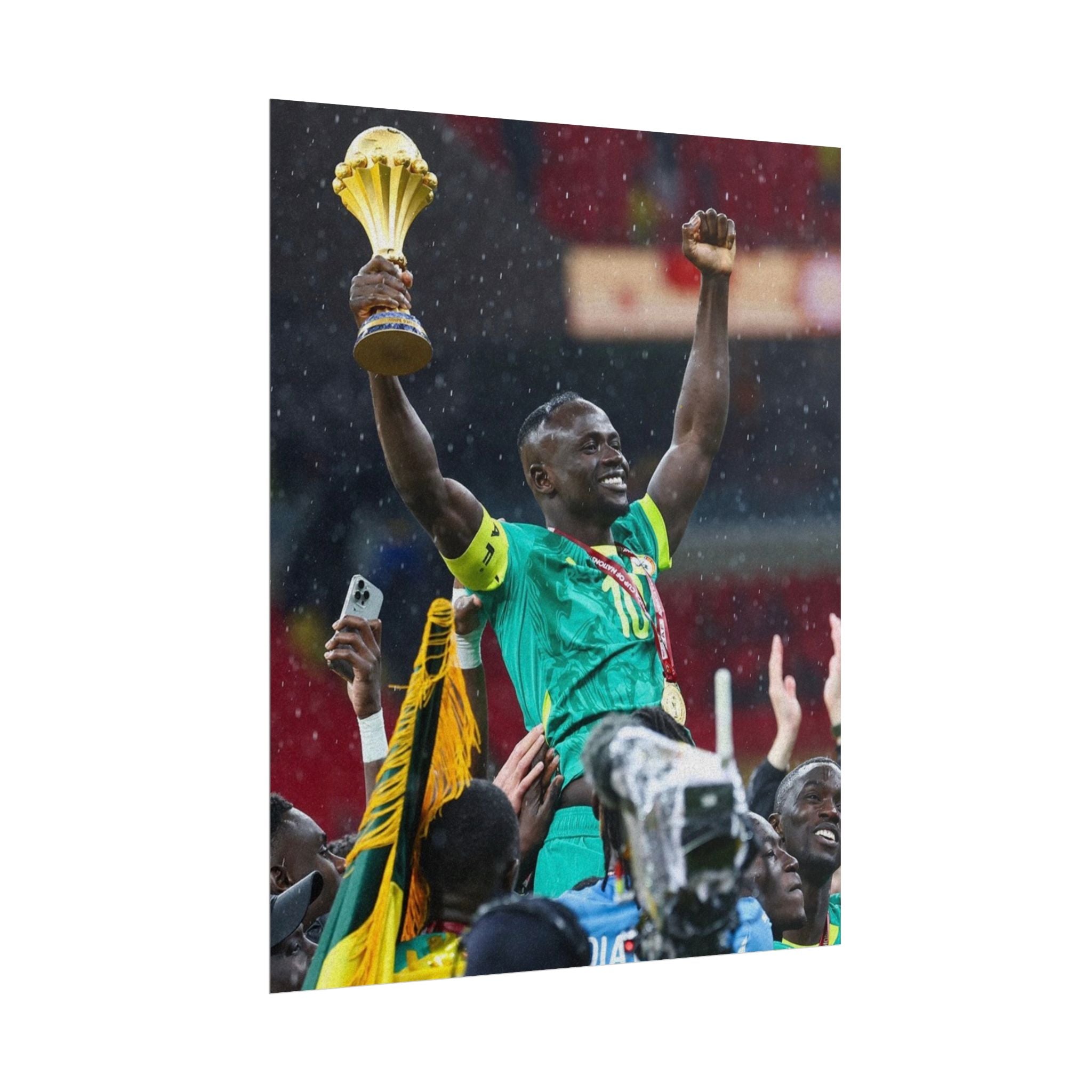 Sadio Mané Senegal AFCON winners Rolled Poster — Soccer Champion Lifting Trophy Celebration Print