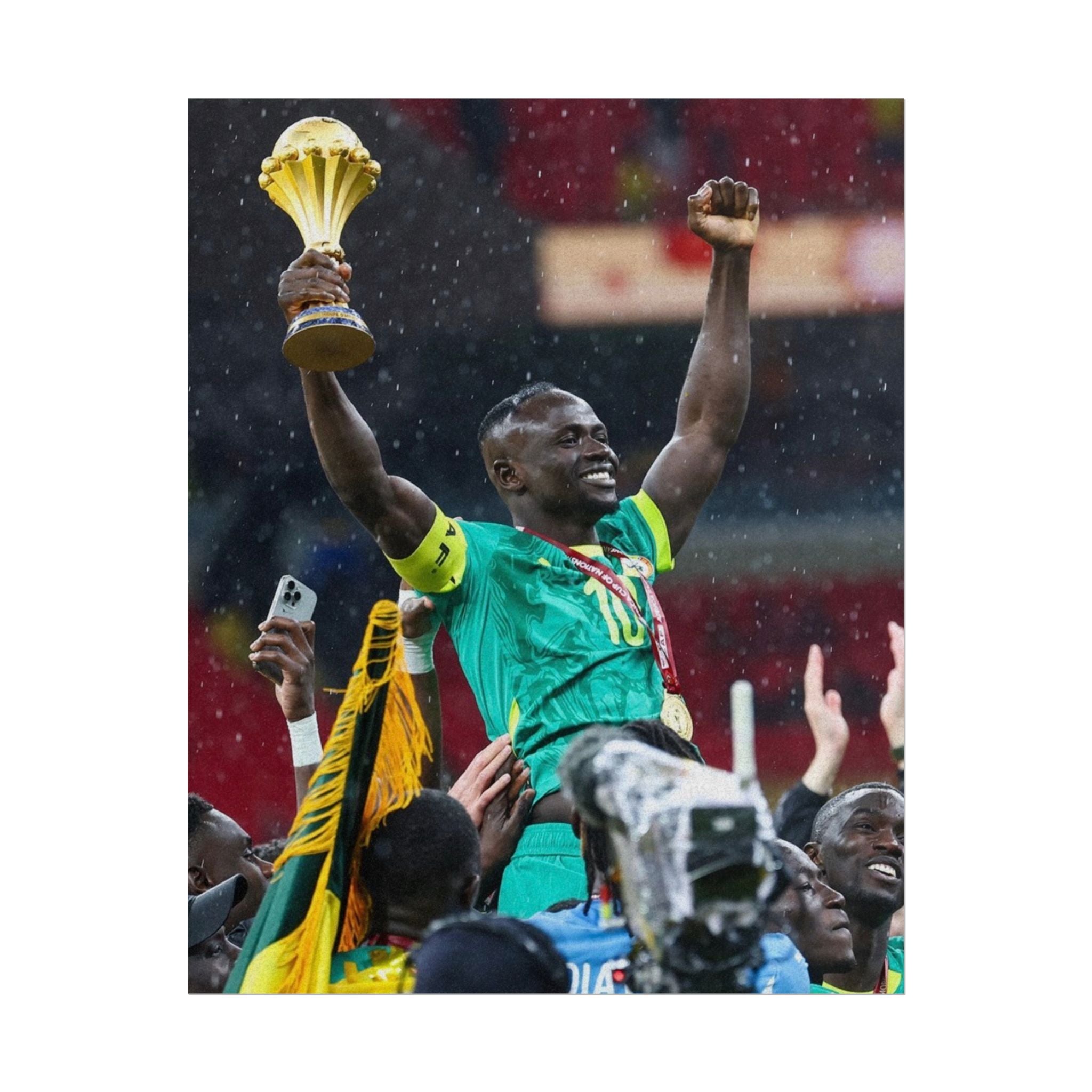 Sadio Mané Senegal AFCON winners Rolled Poster — Soccer Champion Lifting Trophy Celebration Print