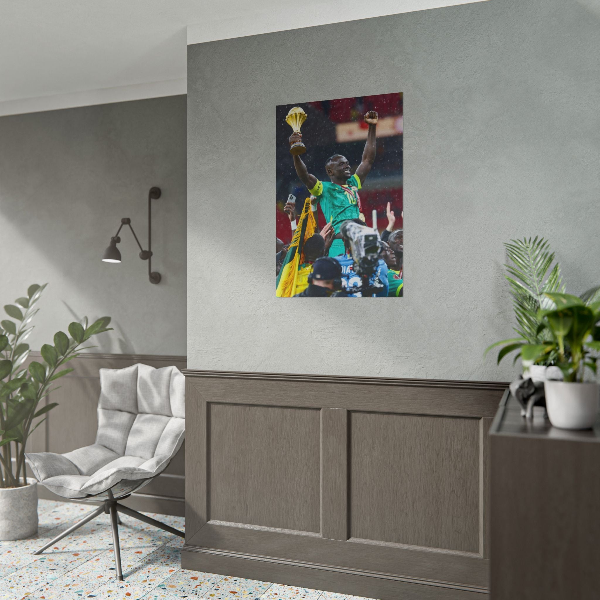 Sadio Mané Senegal AFCON winners Rolled Poster — Soccer Champion Lifting Trophy Celebration Print