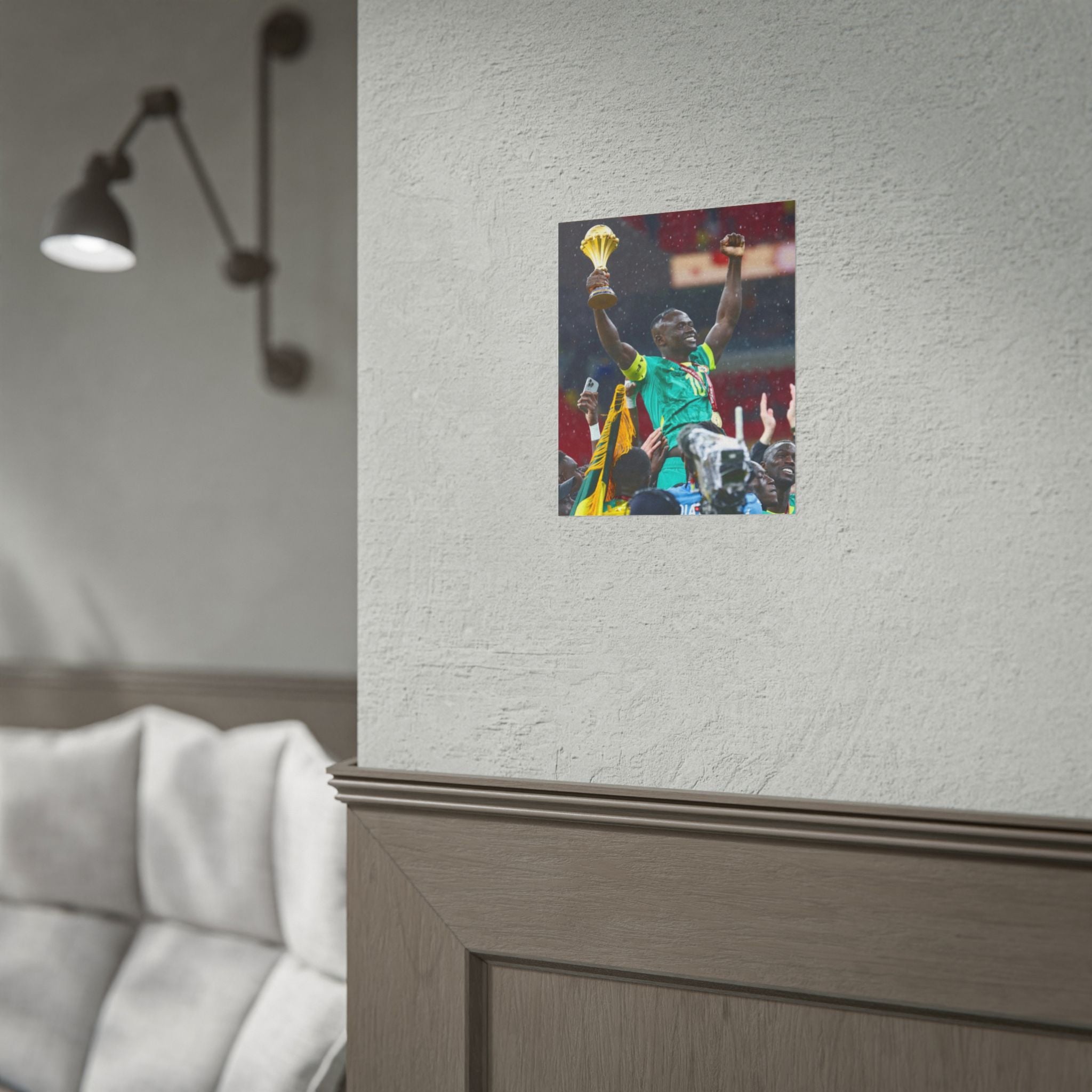 Sadio Mané Senegal AFCON winners Rolled Poster — Soccer Champion Lifting Trophy Celebration Print