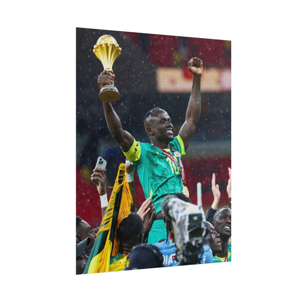 Sadio Mané Senegal AFCON winners Rolled Poster — Soccer Champion Lifting Trophy Celebration Print