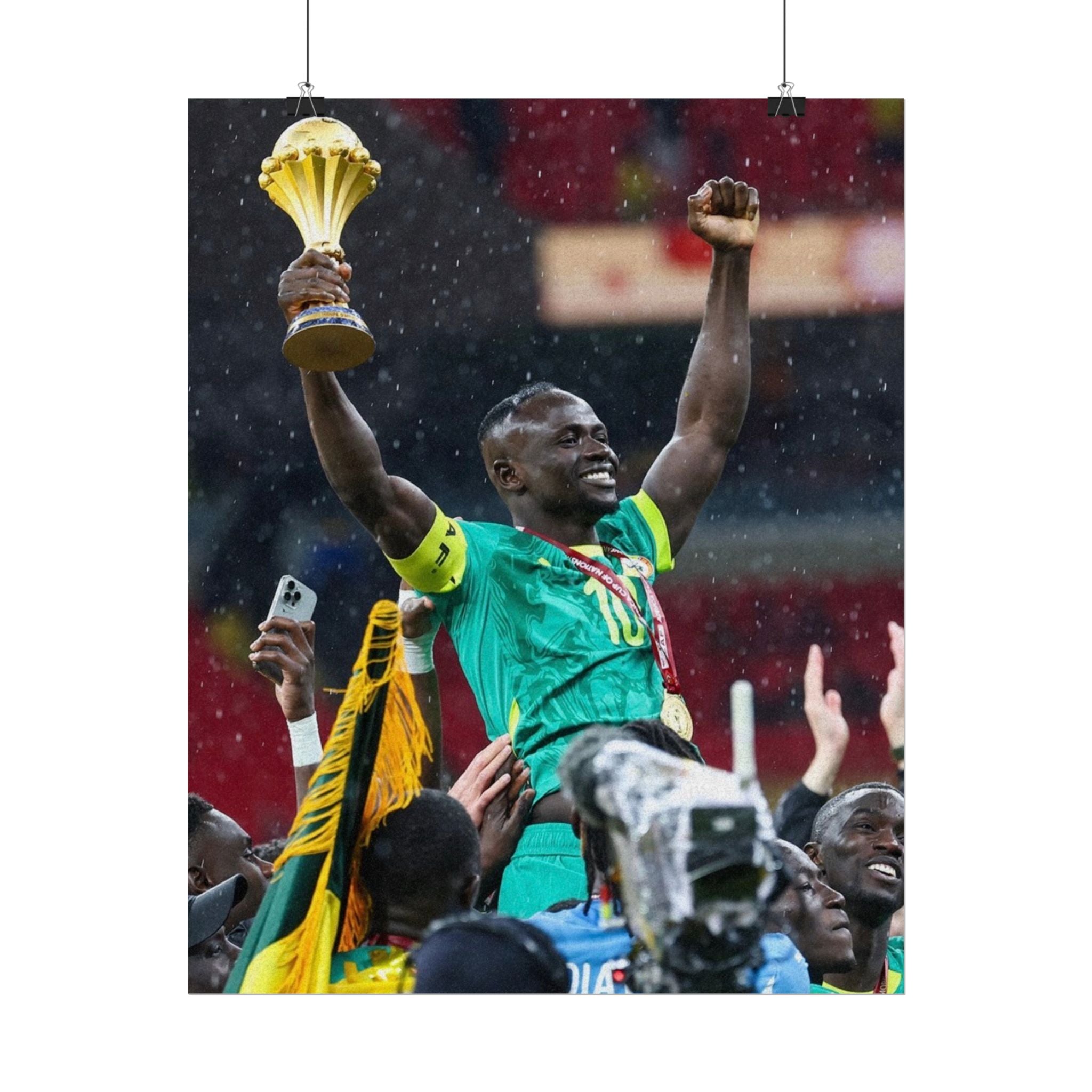 Sadio Mané Senegal AFCON winners Rolled Poster — Soccer Champion Lifting Trophy Celebration Print