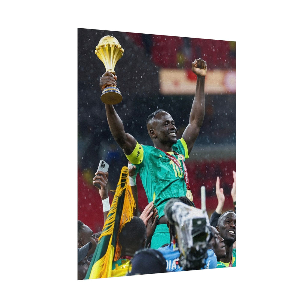 Sadio Mané Senegal AFCON winners Rolled Poster — Soccer Champion Lifting Trophy Celebration Print